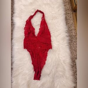 Red Lace Halter Bodysuit